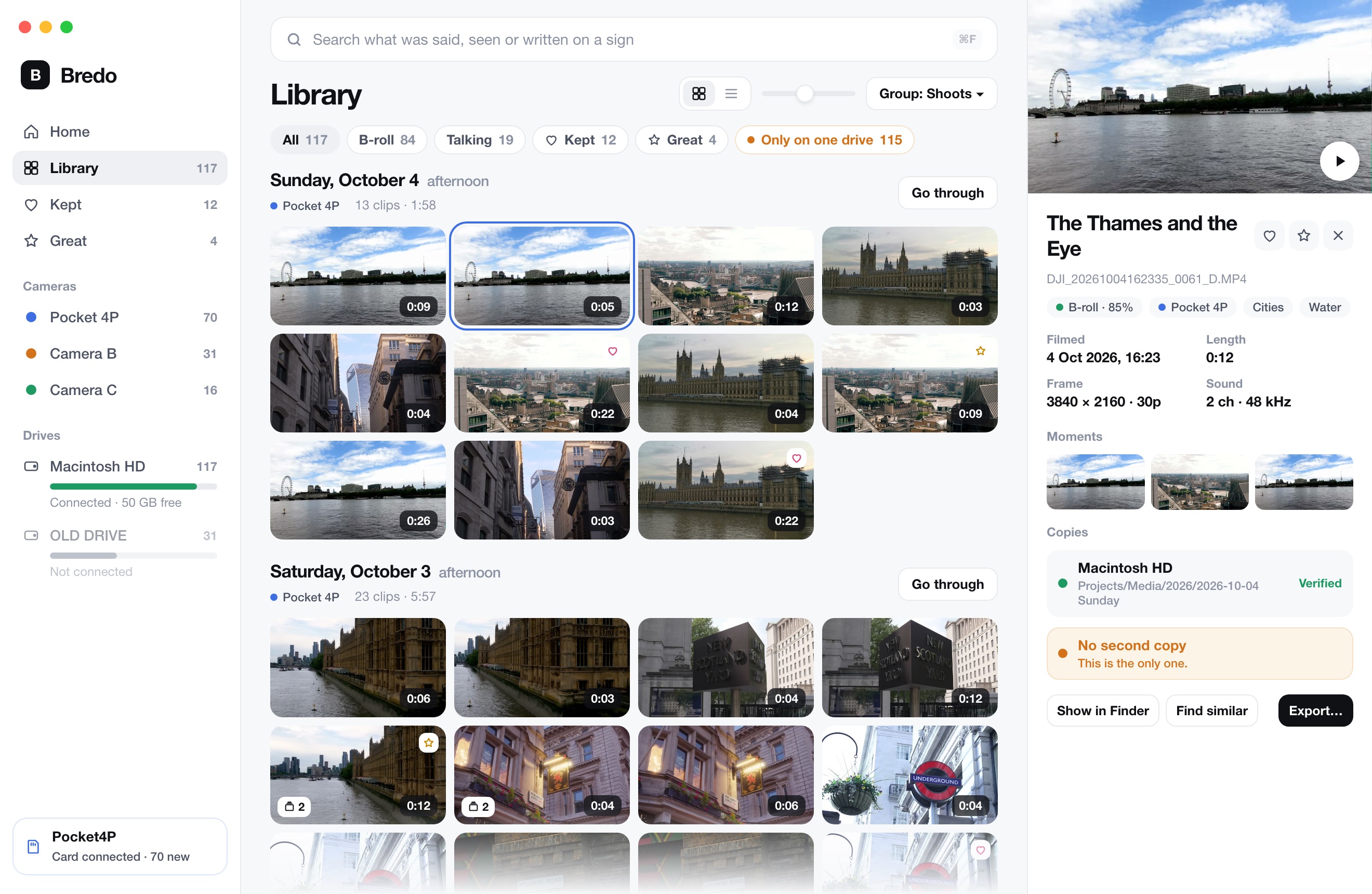 Bredo’s library: clips in a grid by day, with one clip’s details beside it